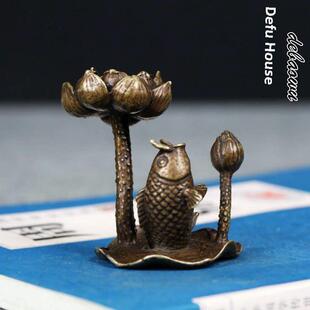 纯铜荷叶荷花鲤鱼跃龙门倒流香小号摆件黄铜池塘意境莲花香托香架