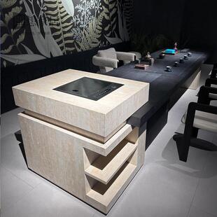 新中式实木茶桌现代别墅极简黑色办公室商务家用天然洞石岛台茶台