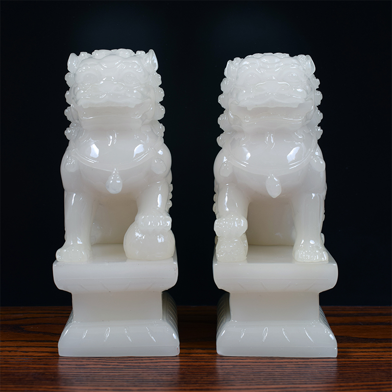 仿白玉狮子摆件小号工艺品一对阳台门口狮子客厅电视柜装饰品摆设