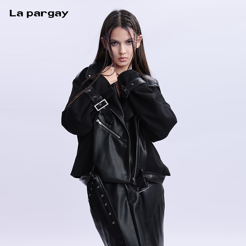 La pargayPU拼接毛呢外套女2025新款个性休闲设计感潮牌宽松夹克
