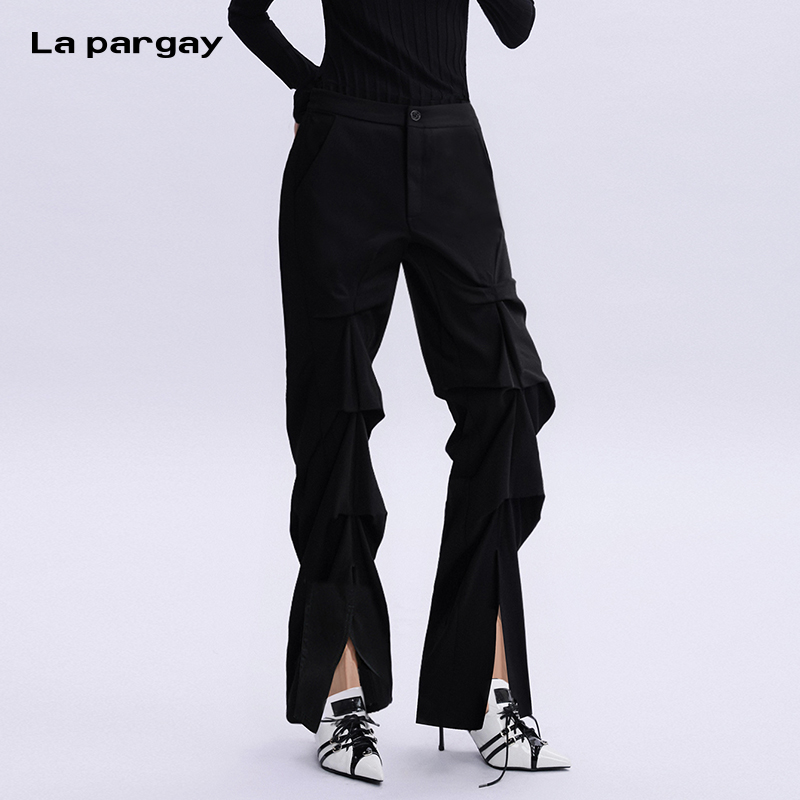 La Pargay/纳帕佳个性抽皱设计微喇叭裤2025夏新款时尚潮牌休闲裤
