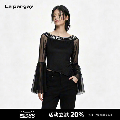 Lapargay显瘦一字肩网纱T恤