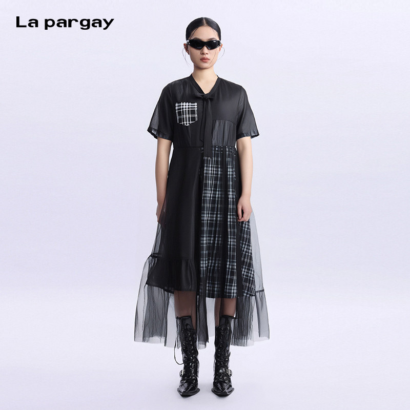 La Pargay/纳帕佳羊毛连衣裙网纱针织拼接2025春夏新款A字收腰裙