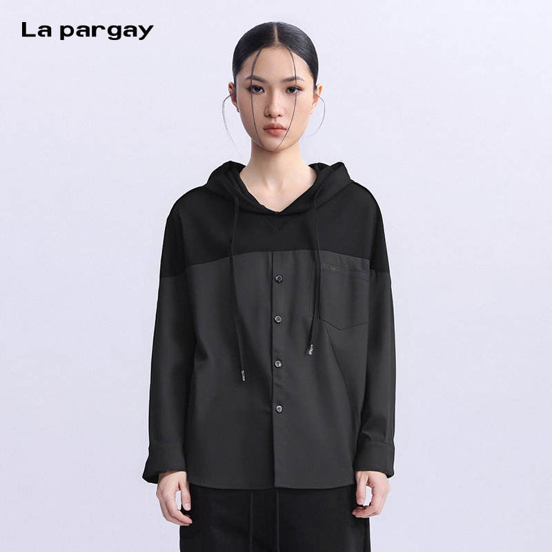 个性连帽针织上衣设计感拼接衬衫