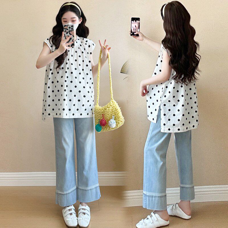 新品孕妇套装夏款2025新款潮妈小E个子孕妇装无袖波点上衣裤子两