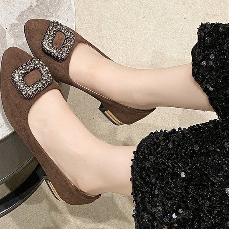 新品法式低跟黑色绒面单鞋女2026夏季I新款百搭职业粗跟尖头平底