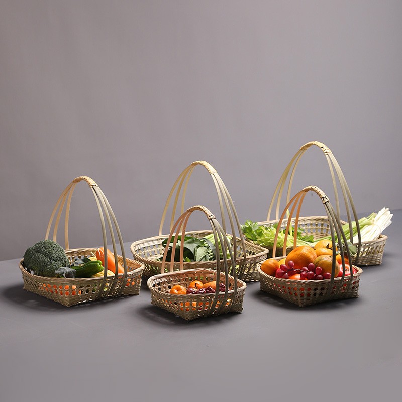 极速竹编镂空提篮菜o篮子带提手点心篮竹篮水果篮家用圆形手工竹