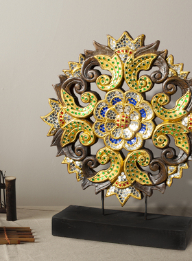 极速泰国木雕工艺品东南亚风格圆盘金箔I桌面摆件客厅玄关电视柜