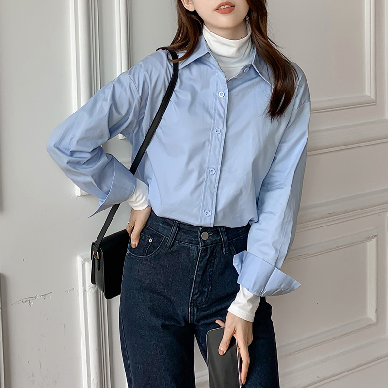 极速蓝色衬衫女秋冬季202v1年新款内搭设计感小众别致上衣叠穿打