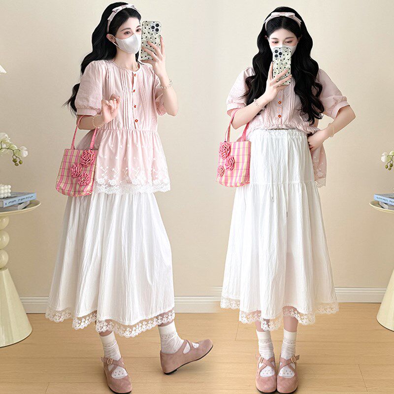 新品孕妇时尚套装夏季新款潮妈z韩版小个子孕妇装娃娃衫半身裙两