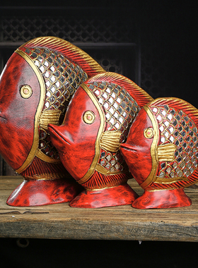 极速泰国实木鱼摆件桌q面电视酒柜木雕工艺品客厅家居玄关装饰开