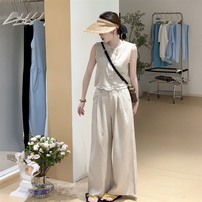 新品今年流行的夏装新款套装w女毛边无袖马甲上衣高腰阔腿裤休闲