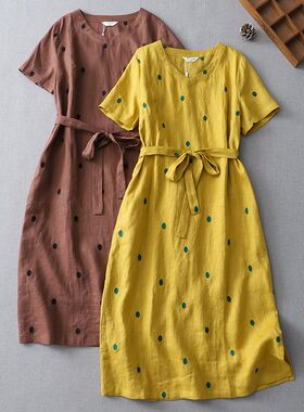 新品波点亚麻短袖连衣裙女夏天薄款休闲中长款收腰V系带减龄高端