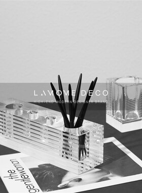 新品简约现代透明水晶条纹笔筒创意立方体纸O镇样板间书房办公桌