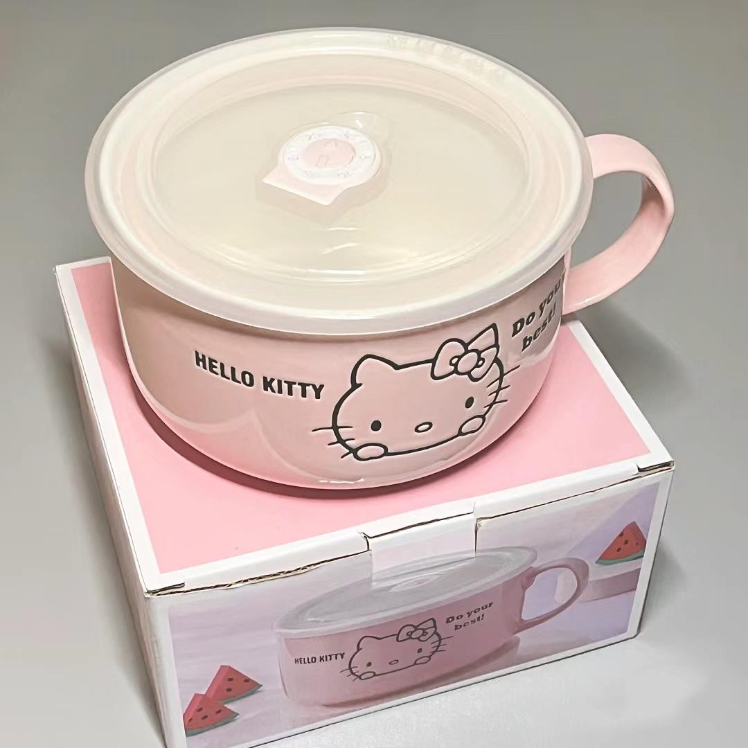 hellokitty泡面 面碗陶瓷餐具宿舍学生带盖子手柄大容量汤面 面大