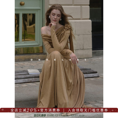 ONEELABS原创品牌 别针可拆立体花朵 莫代尔羊毛 斜肩针织连衣裙