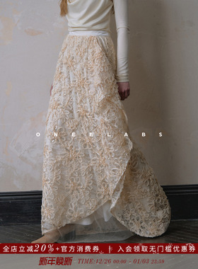 ONEELABS原创品牌 重工蕾丝立体花朵 不规则裁片 法式轻奢半身裙