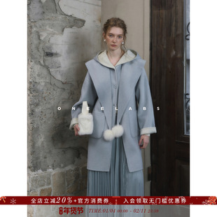 ONEELABS原创品牌 可两面穿 连帽披肩 100羊毛蓝色双面呢大衣外套