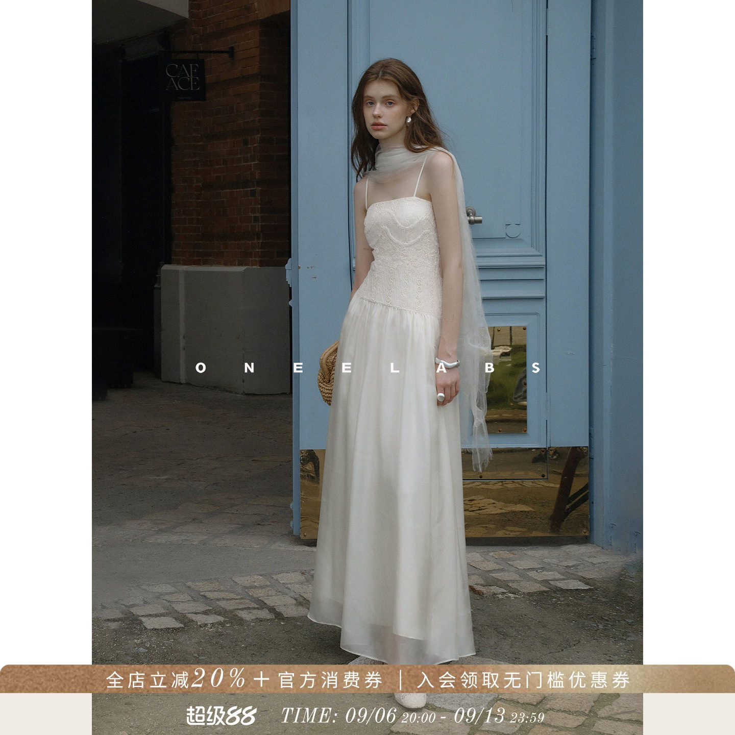 ONEELABS原创品牌/丝光漫舞~法式蕾丝刺绣拼接设计感吊带连衣裙图片