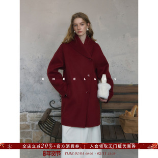 ONEELABS原创品牌 100绵羊毛 气质红色双面呢大衣女圣诞毛呢外套