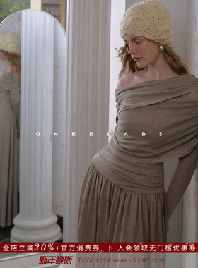 ONEELABS原创品牌 桑蚕丝/绵羊毛混纺 法式优雅斜肩针织连衣裙女