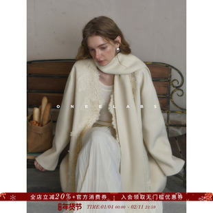 ONEELABS原创品牌 蕾丝贴布绣花工艺 围巾飘带 100绵羊毛双面大衣