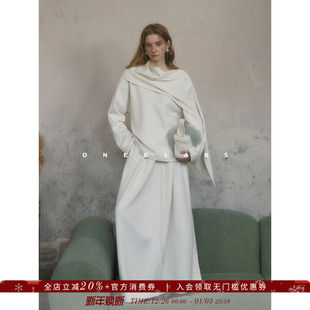 直筒半身裙极简套装 围巾上衣 白色绵羊毛一片式 ONEELABS原创品牌