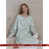 莱塞尔 亚麻混纺 蓝色花边绣斗篷上衣 ONEELABS原创品牌 半裙套装