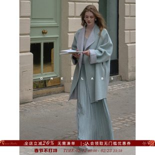 ONEELABS原创品牌 可两面穿 绵羊毛双面呢大衣女春冬蓝色毛呢外套