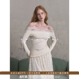 新品 上衣女2026年春季 蕾丝花边一字肩针织长袖 ONEELABS原创品牌