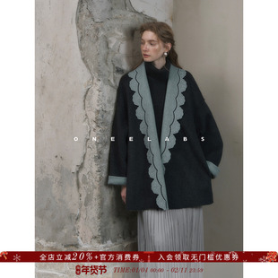 ONEELABS原创品牌 可两面穿 100%绵羊毛绣花领轻奢双面呢毛呢大衣