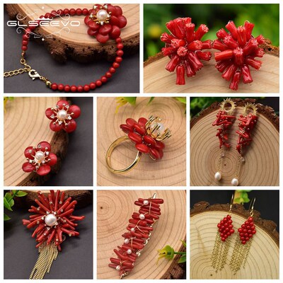 GLSEEVO Red Coral Natural Pearls Fashion Accessories Set Fin