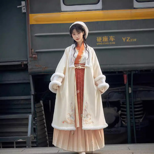 新款宋制汉服女冬季新款加绒加厚对襟披袄百褶裙一整套日常国风