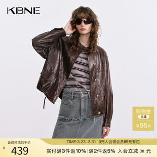 KBNE2025秋季 咖啡色夹克皮衣女外套水洗油蜡皮柔软机车上衣女 新款