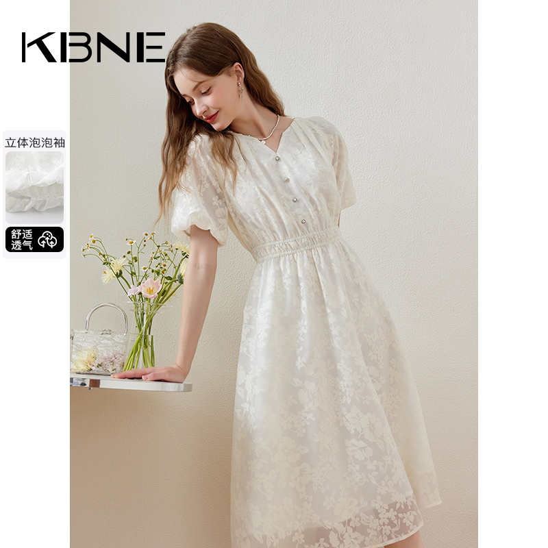 KBNE连衣裙女白色欧根纱裙子2025夏季新款显瘦泡泡袖气质领长裙