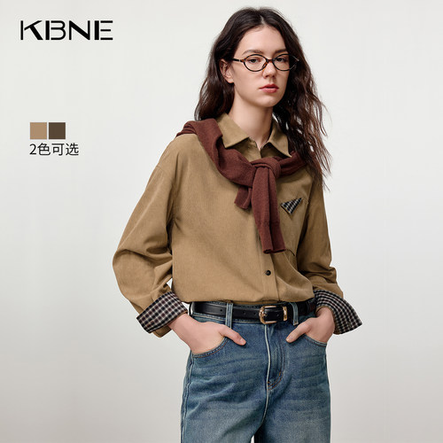 KBNE复古拼接细坑条灯芯绒衬衫女装2025冬季新款法式长袖衬衣上衣