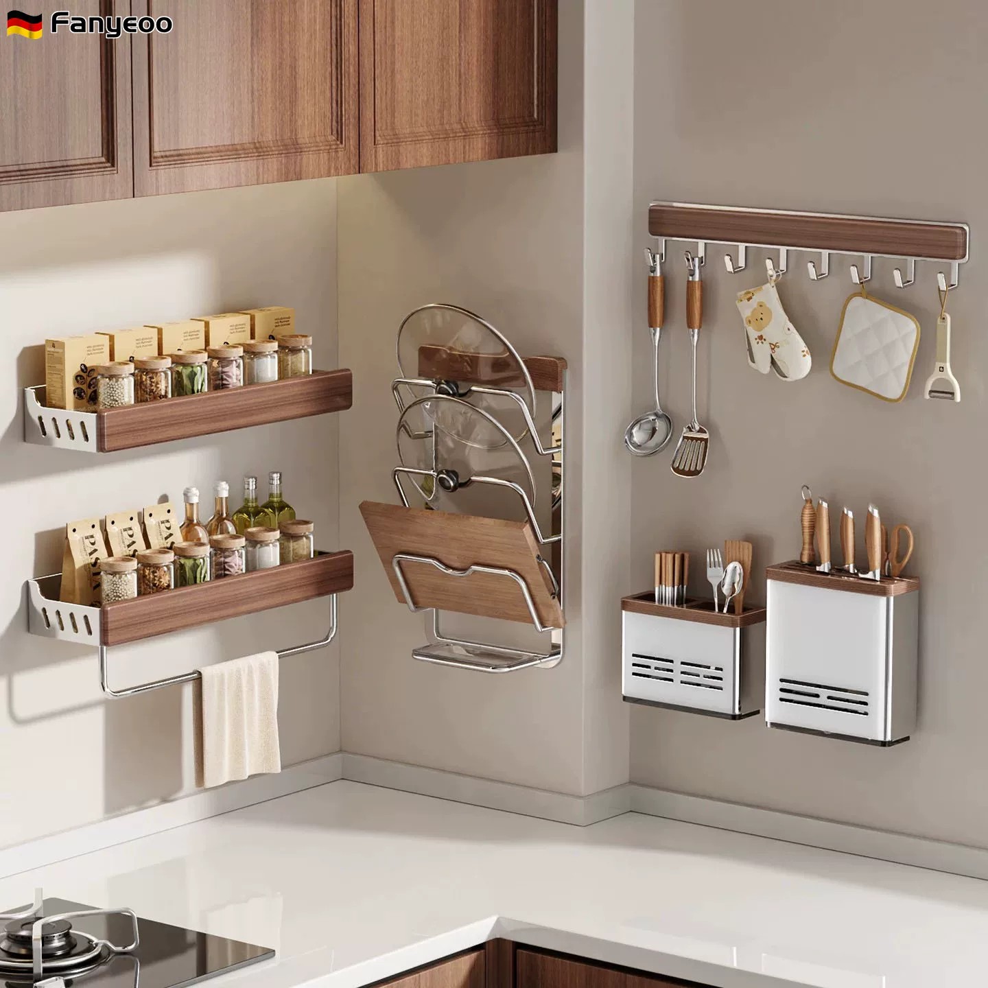 德国胡桃木不锈钢厨房置物架调味料锅盖刀筷勺免打孔壁挂收纳架子