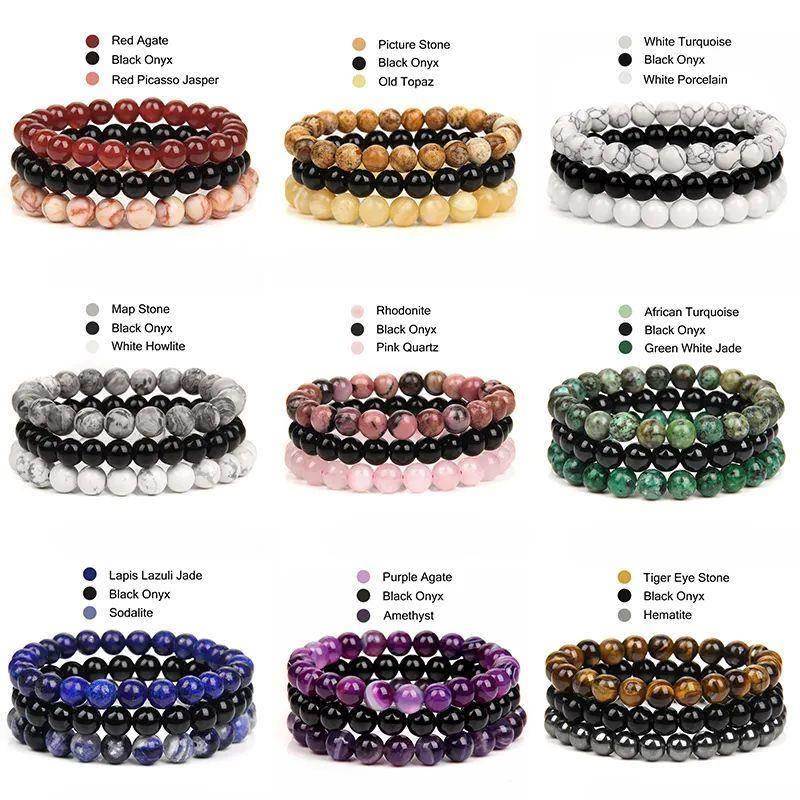 8mm Natural Stone Bracelet Set 3Pcs/set Rhodonite Rose Pink