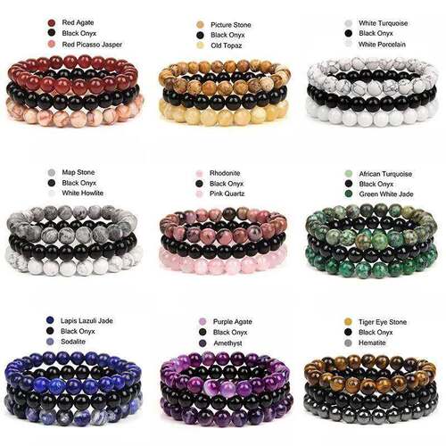 8mm Natural Stone Bracelet Set 3Pcs/set Rhodonite Rose Pink