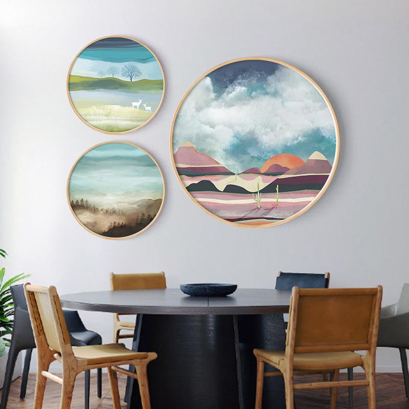 日客出形彩绘厅圆装圆形卡通饰画代简约风实木框画日式餐厅墙画现
