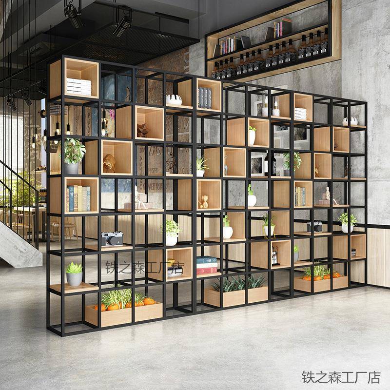 美式落地铁艺展示架架子玄关实木书架置物架现代简约屏风隔断客厅