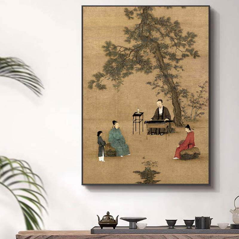 听琴图客厅挂画酒店民宿书房古风茶室品茶国画新中式装饰画玄关画