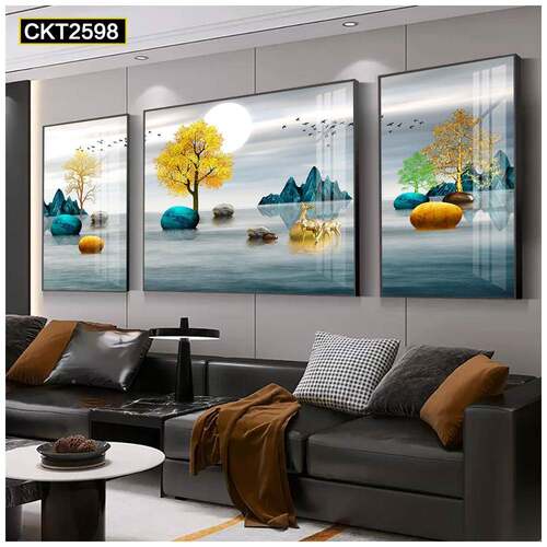 现代简约客沙发背景装饰画厅新中联式背有靠山挂450画大气水三壁