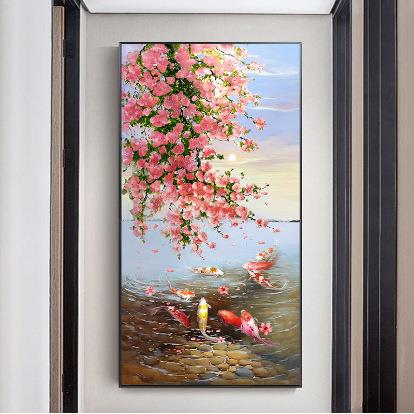图纯WYW手绘画玄关装画新中式风景挂画现代壁鱼画客厅装饰饰油画