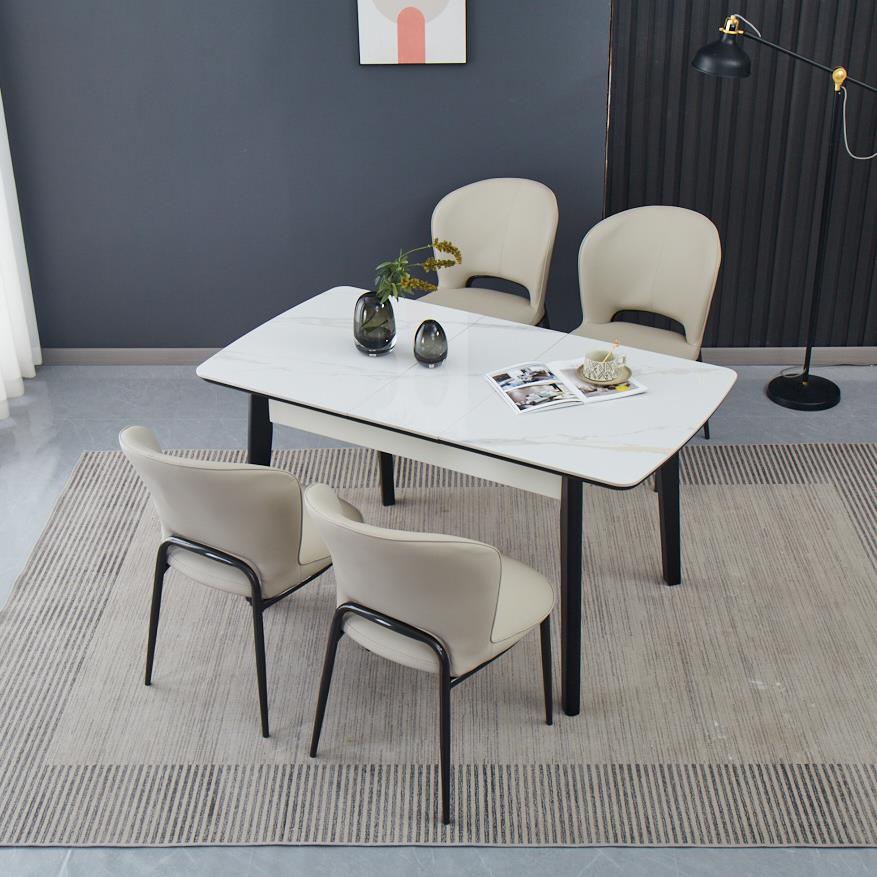 奶油NMY风餐桌折岩板餐厅缩户型家用拉小台简约白色长条实叠木伸