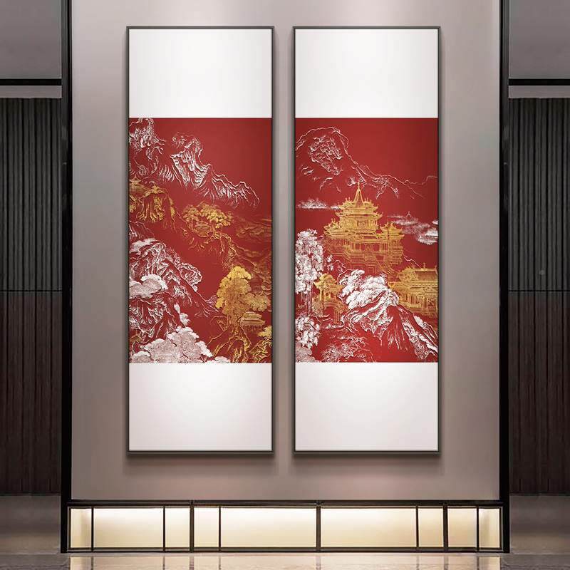 新中式红色风景浮雕立肌玄理装饰入户ZLZ关体壁画高端大气画竖版