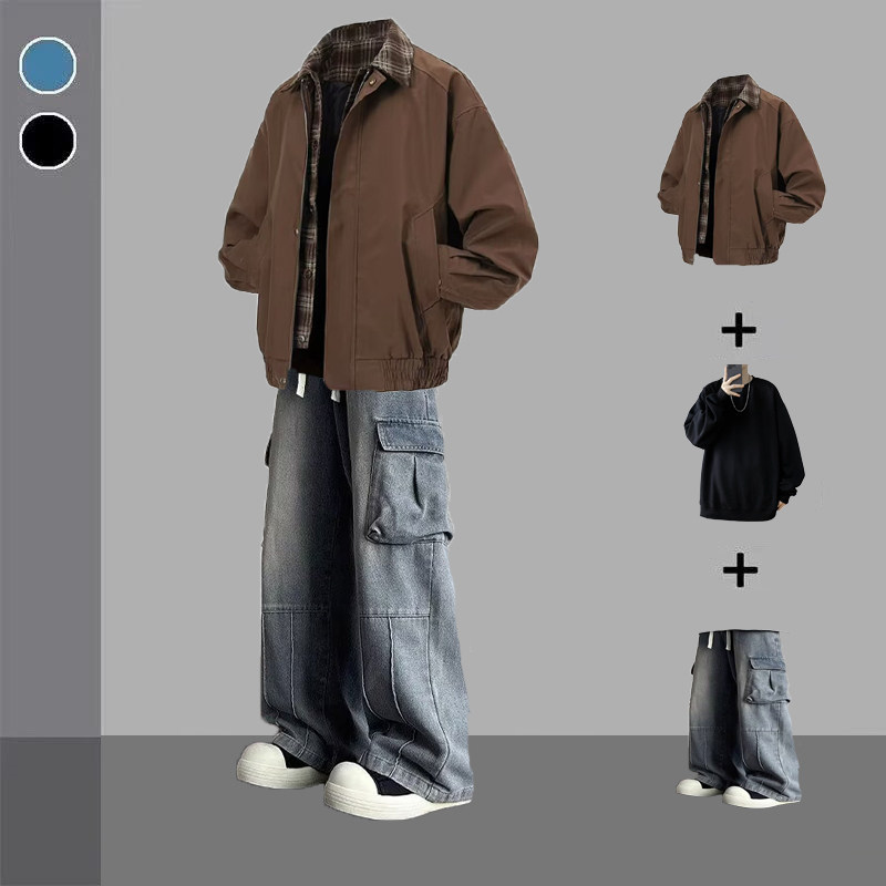 美式复古假两件拼接翻领夹克外套男秋季潮流痞帅一套搭配三件套装,男装,时尚套装,淘宝优惠券,粉丝福利购,淘宝优惠卷