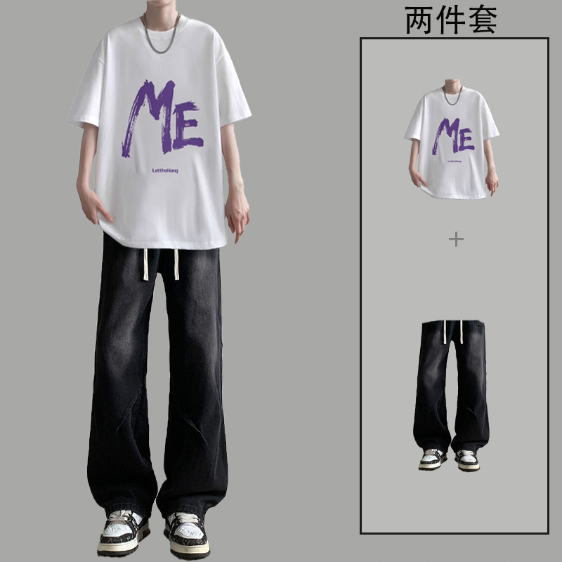 港风短袖t恤男套装夏季休闲