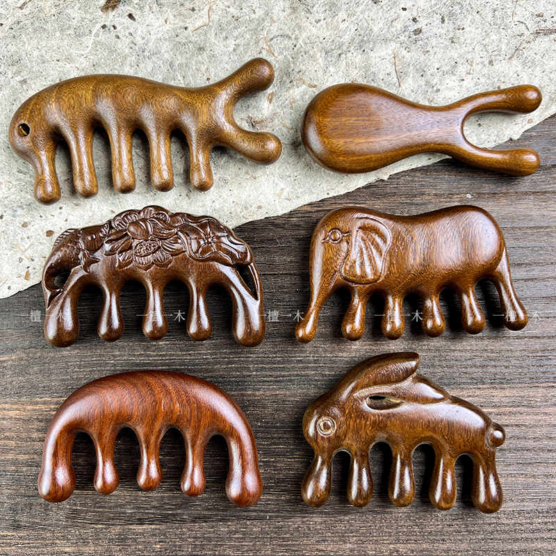 按摩梳檀木经络防穴位头部按摩脱发通用五指按摩梳子头颈刮痧神器