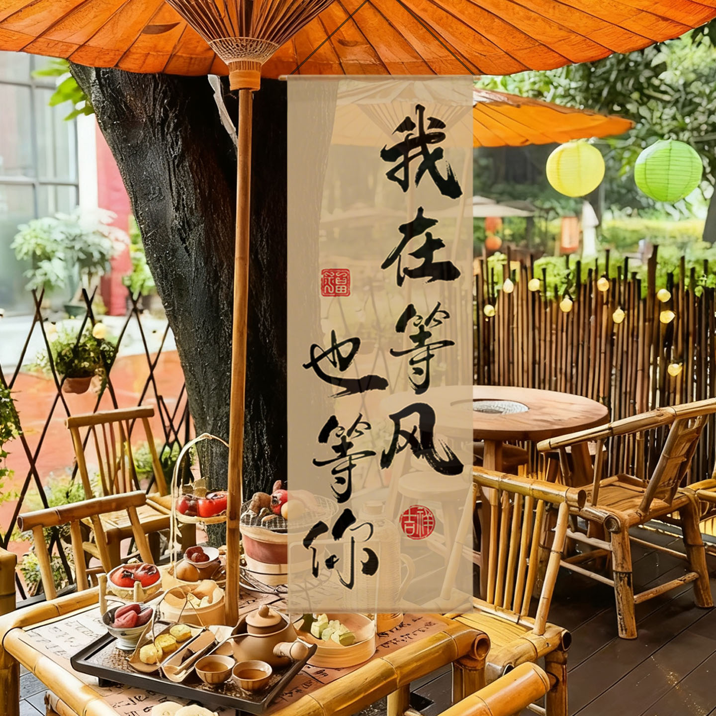 中式围炉煮茶纱幔挂布书法背景布